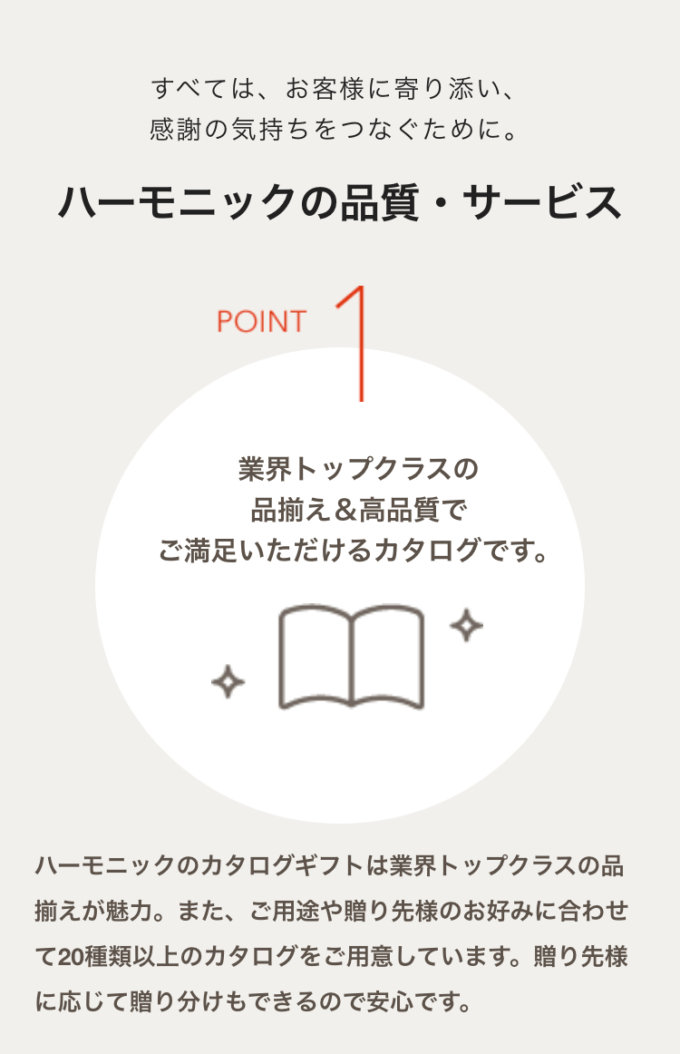 POINT1
業界トップクラスの
品揃え&高品質で
ご満足いただけるカタログです。