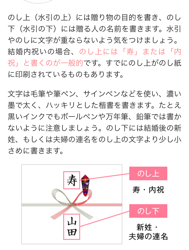 のし上(水引の上)には贈り物の目的を書き、のし
下 (水引の下)には贈る人の名前を書きます。 水引
やのしに文字が重ならないよう気をつけましょう。
結婚内祝いの場合、 のし上には 「寿」 または 「内
「祝」と書くのが一般的です。 すでにのし上がのし紙
に印刷されているものもあります。