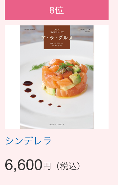 8位
ALA
GOURMET
ア・ラ・グルメ
CINDERELLA
シンデレラ
6,600
おいしさを
グルメなギット
HARMONICK