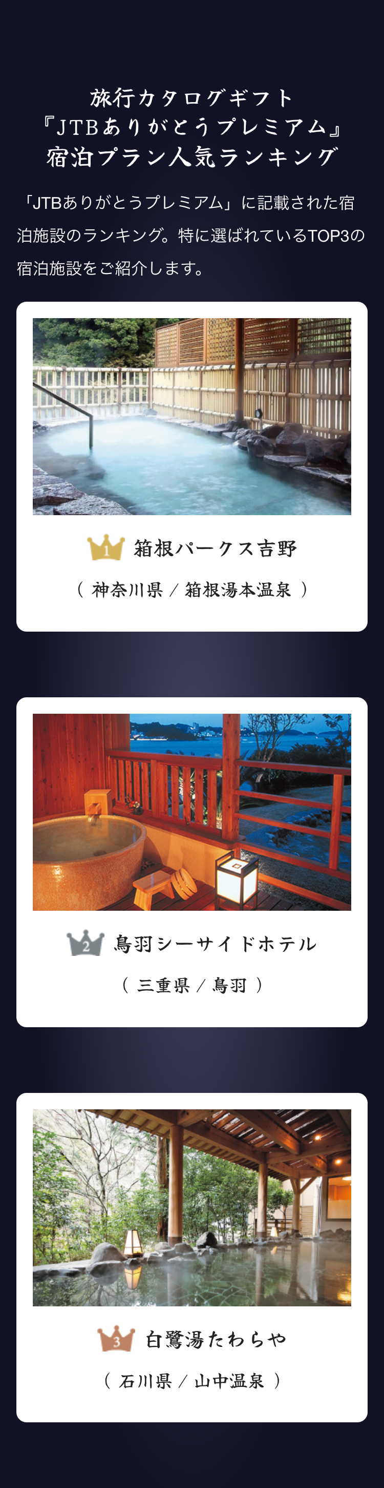 旅行カタログギフト
『JTBありがとうプレミアム』
宿泊プラン人気ランキング